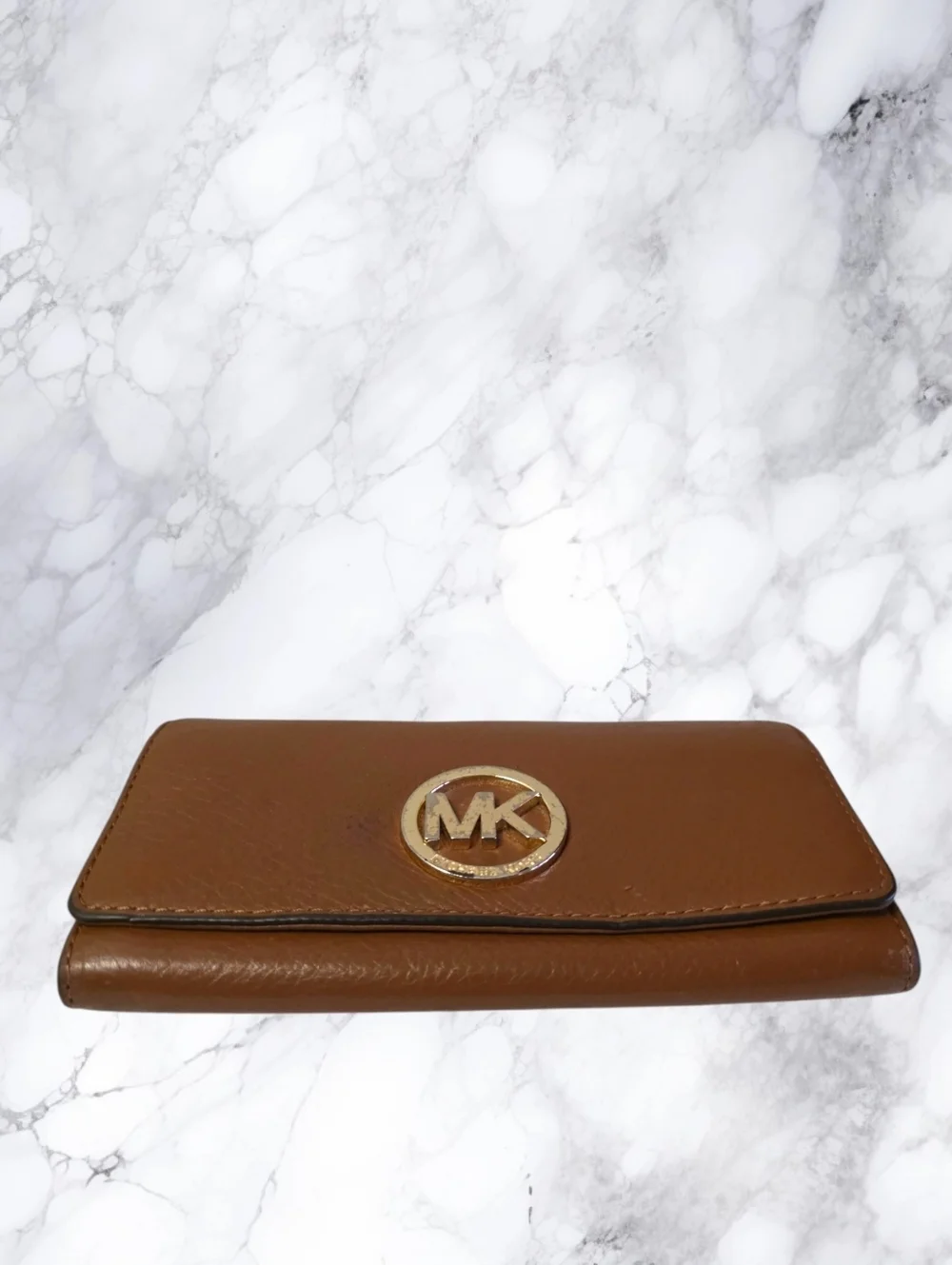 Michael Kors Cognac Leather Wallet MK Logo Continental Snap Closure Organizer
